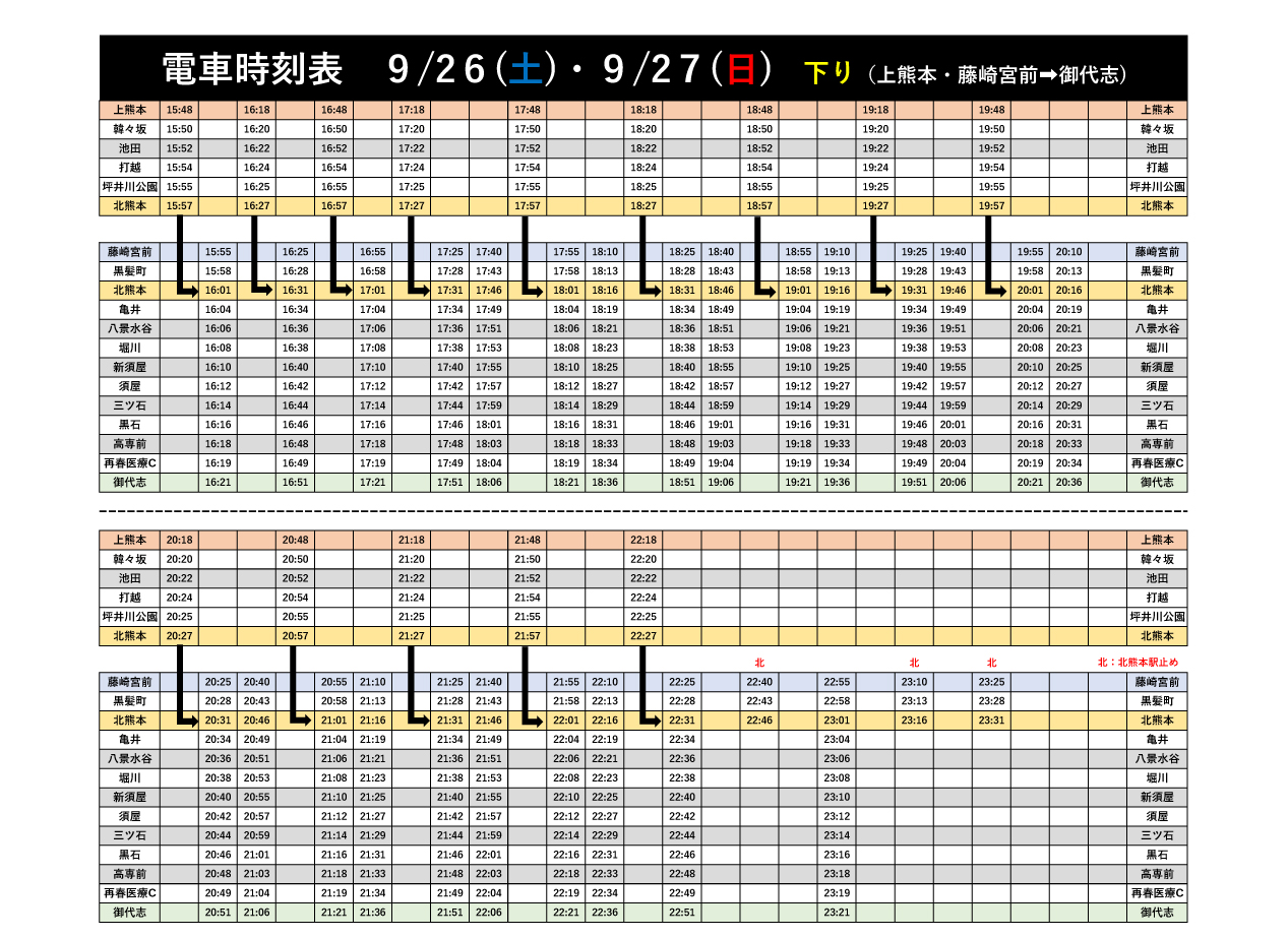 時刻表　一冊300円から値段は連絡してください WANIMA pre. 1CHANCE FESTIVAL 2026」開催に伴う熊本電鉄電車・バスの